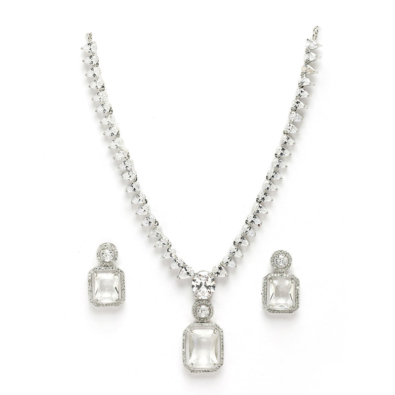 Rhodium Plated Silver Toned Crystal White American Diamond Studded Necklace Set