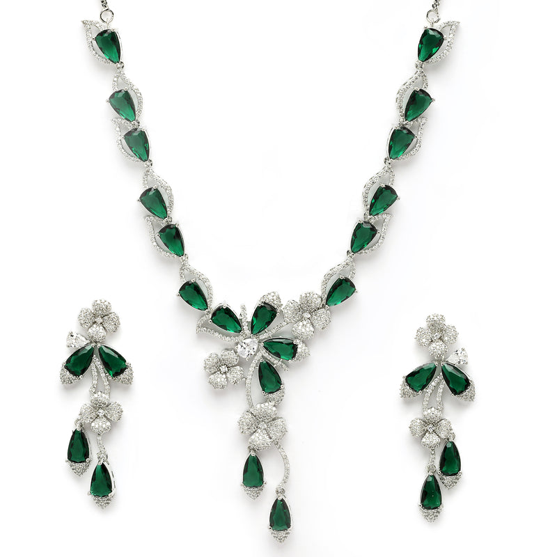 Rhodium Plated Silver Toned Emerald & White American Diamond Studded Necklace set
