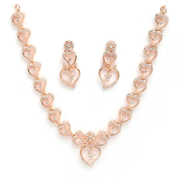 Rose Gold Plated Hearts Shaped with White American Diamond Stone Studded Jewellery Set