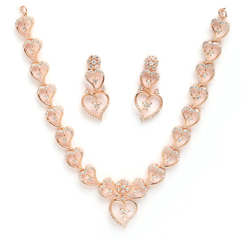 Rose Gold Plated Hearts Shaped with White American Diamond Stone Studded Jewellery Set
