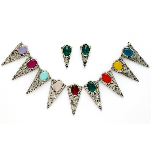 Oxidized Multicolor Cubic Zirconia Stone Studded Jewellery Set