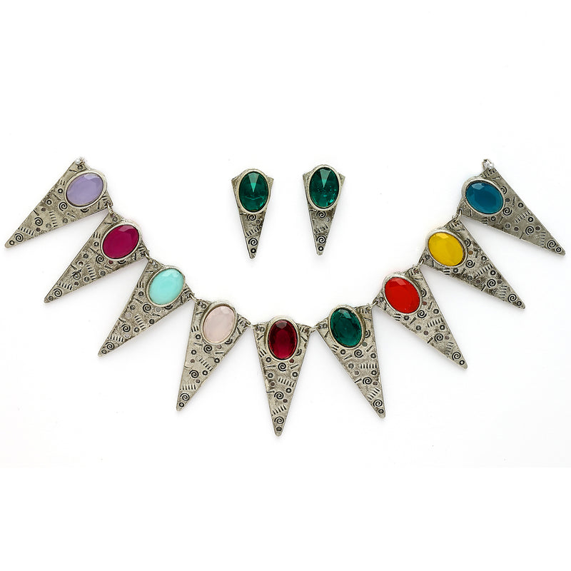 Oxidized Multicolor Cubic Zirconia Stone Studded Jewellery Set