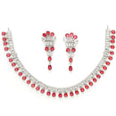 Rhodium Plated Silver Toned Red American Diamond  Studded Classic Necklace With Floral Drop Earrings