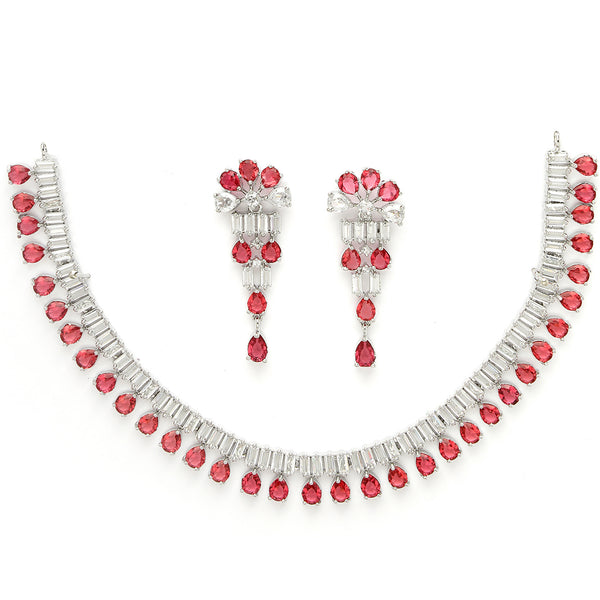 Rhodium Plated Silver Toned Red American Diamond  Studded Classic Necklace With Floral Drop Earrings