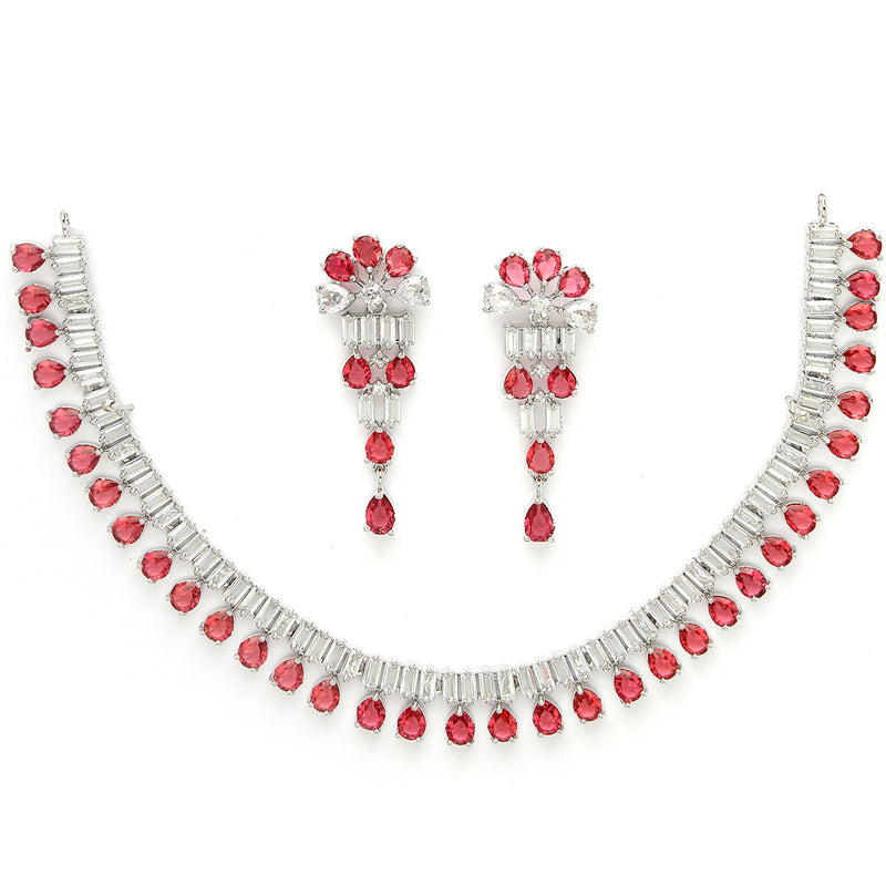 Rhodium Plated Silver Toned Red American Diamond  Studded Classic Necklace With Floral Drop Earrings