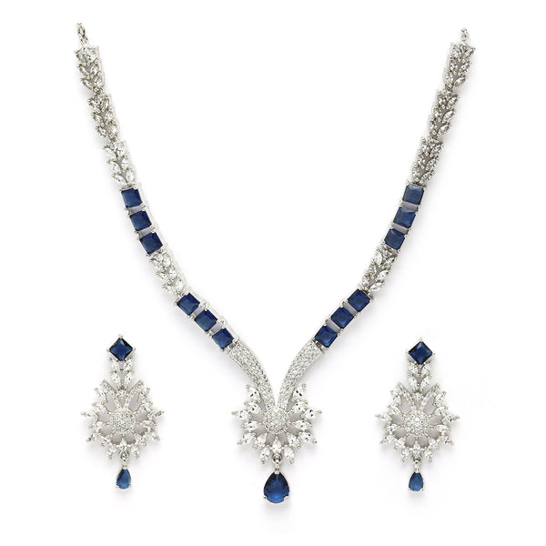 Rhodium Plated Silver Toned  Blue American Diamond Studded Jewellery Set