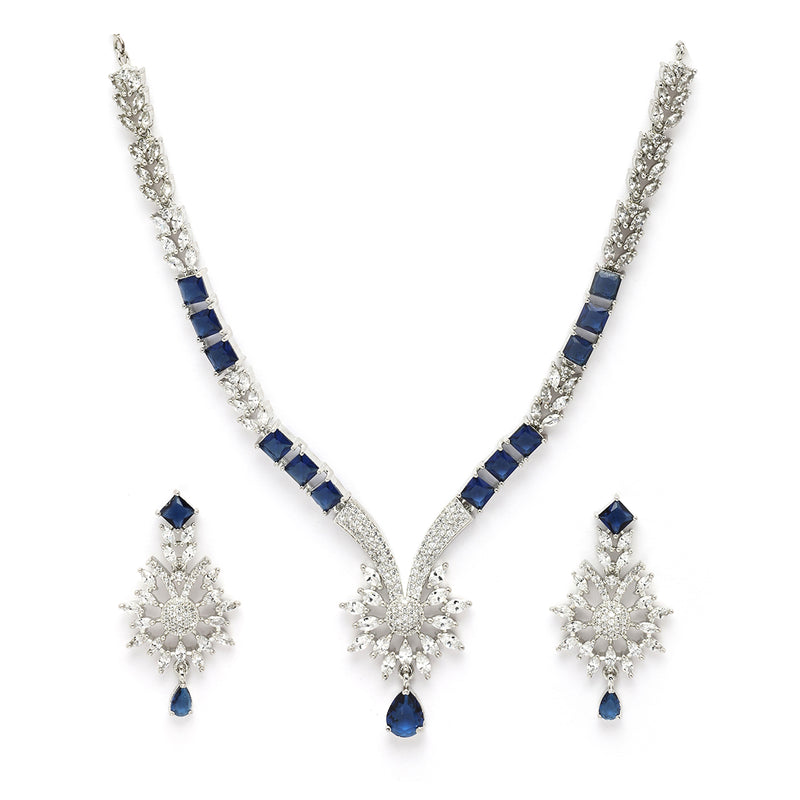 Rhodium Plated Silver Toned  Blue American Diamond Studded Jewellery Set