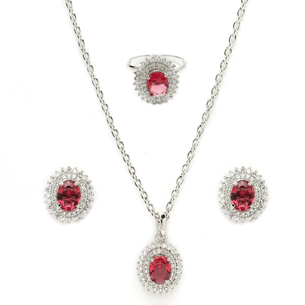 Rhodium Plated Silver Toned Oval Shaped Ruby Red American Diamond Studded Pendant Combo With Ring