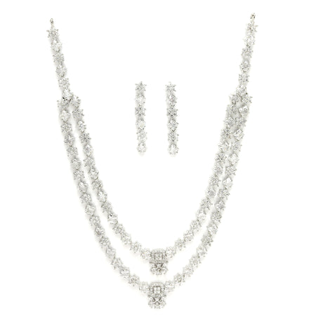 Rhodium Plated Silver Toned Floral Design White AD Studded  Necklace With Matching Drop Earrings
