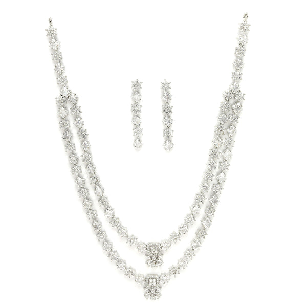 Rhodium Plated Silver Toned Floral Design White AD Studded  Necklace With Matching Drop Earrings