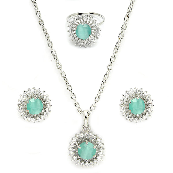 Rhodium Plated Silver Toned Sea Blue American Diamond Studded Pendant Combo With Ring