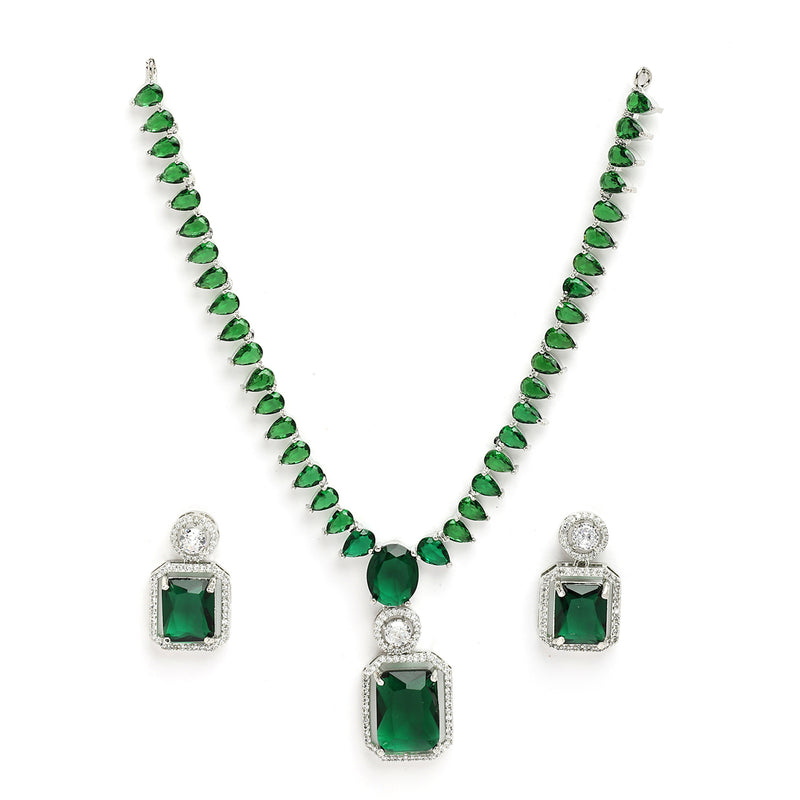 Rhodium Plated Silver Toned Green American Diamond Studded Jewellery Set
