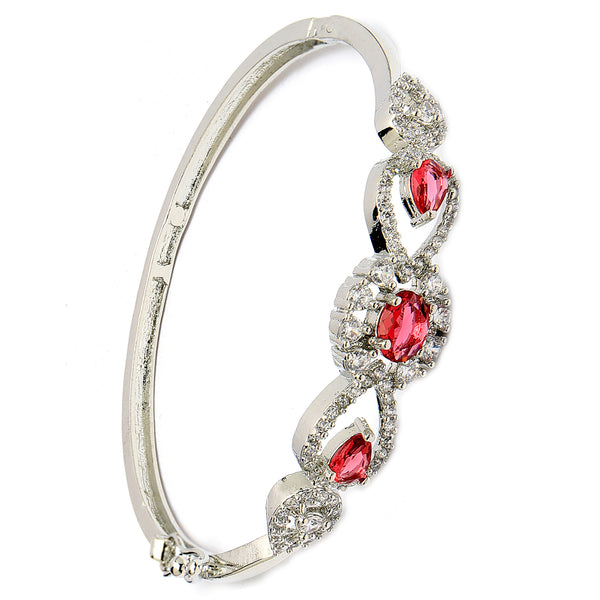 Rhodium Plated Silver Toned Oval & Teardrop Red American Diamond Studded Cuff Bracelet
