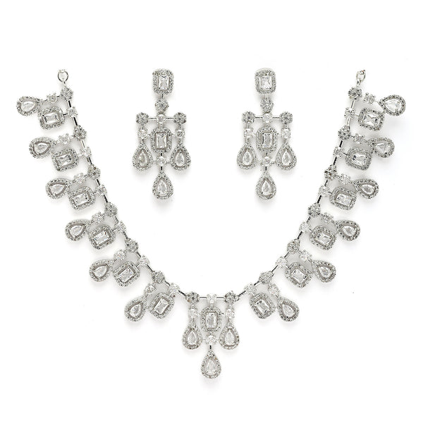 Rhodium Plated Crystal White American Diamond Stones Studded Jewellery Set
