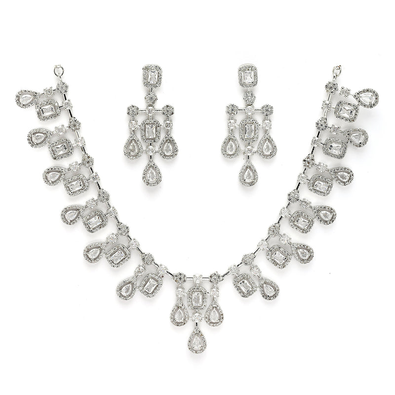 Rhodium Plated Crystal White American Diamond Stones Studded Jewellery Set
