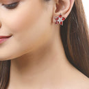 Rhodium-Plated with Silver-Toned Red American Diamond Floral Studs Earrings