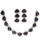 Rhodium Plated Silver Toned Purple Trillion Cut AD Studded Necklace With Matching Drop Earrings