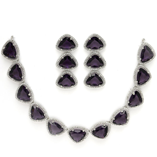 Rhodium Plated Silver Toned Purple Trillion Cut AD Studded Necklace With Matching Drop Earrings