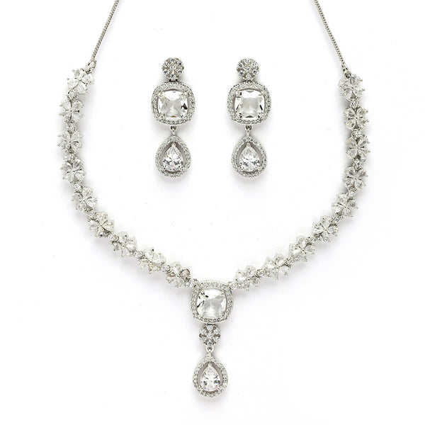 Rhodium Plated Silver Toned Dazzling Drop American Diamond Studded Jewellery Set