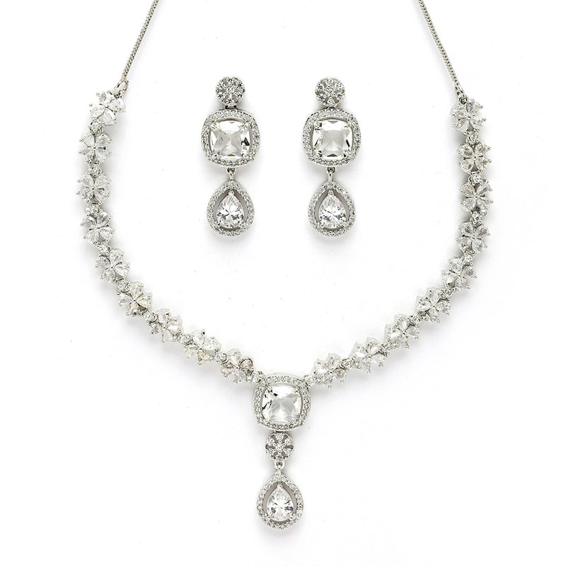Rhodium Plated Silver Toned Dazzling Drop American Diamond Studded Jewellery Set