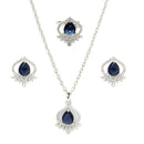 Rhodium Plated Silver Toned Royal Blue Tear dropped  Shaped American Diamond Studded Pendant Combo With Ring