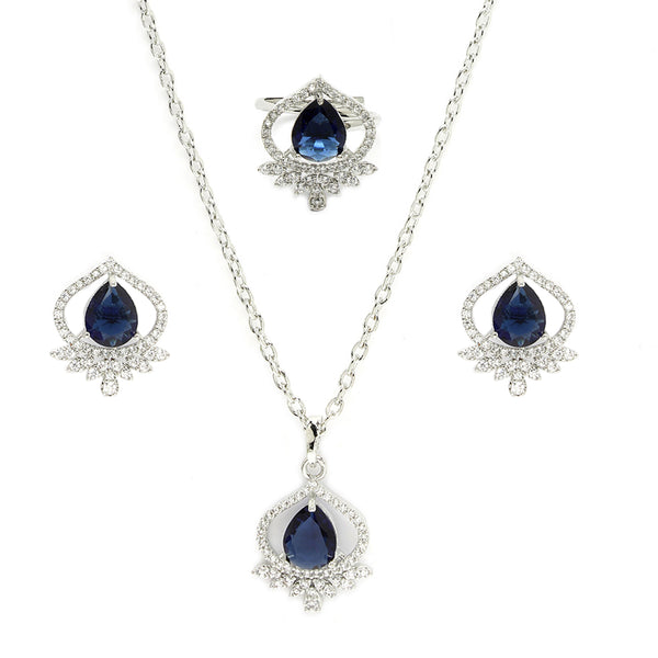 Rhodium Plated Silver Toned Royal Blue Tear dropped  Shaped American Diamond Studded Pendant Combo With Ring
