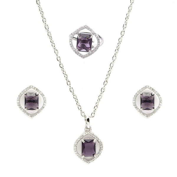 Rhodium Plated Silver Toned Violet American Diamond Studded Pendant Combo With Ring