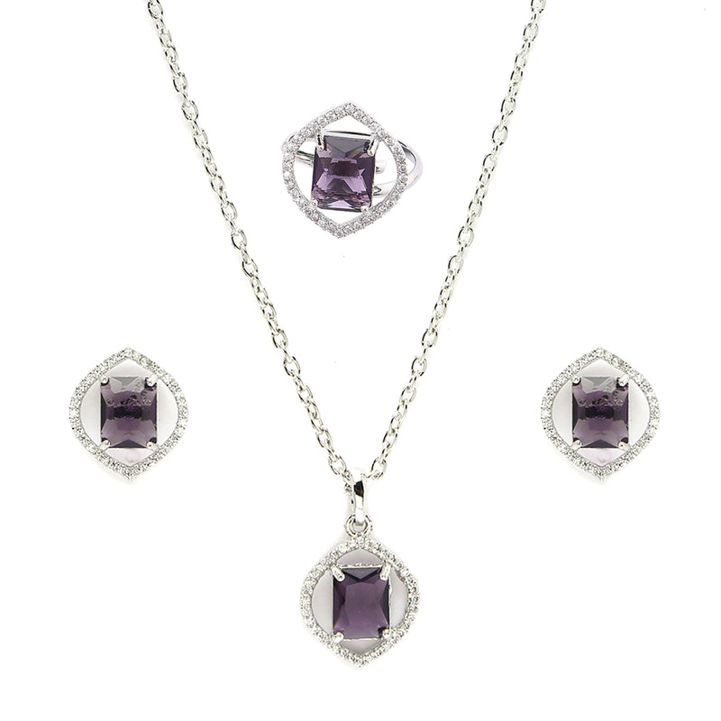 Rhodium Plated Silver Toned Violet American Diamond Studded Pendant Combo With Ring