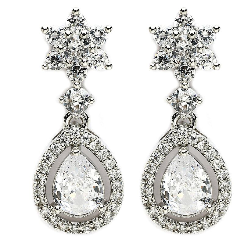 Rhodium Plated Silver Toned White American Diamond Drop Earrings
