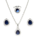 Rhodium Plated Silver Toned Tear Dropped Shaped Royal Blue American Diamond Studded Pendant Combo With Ring