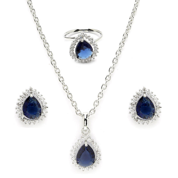 Rhodium Plated Silver Toned Tear Dropped Shaped Royal Blue American Diamond Studded Pendant Combo With Ring