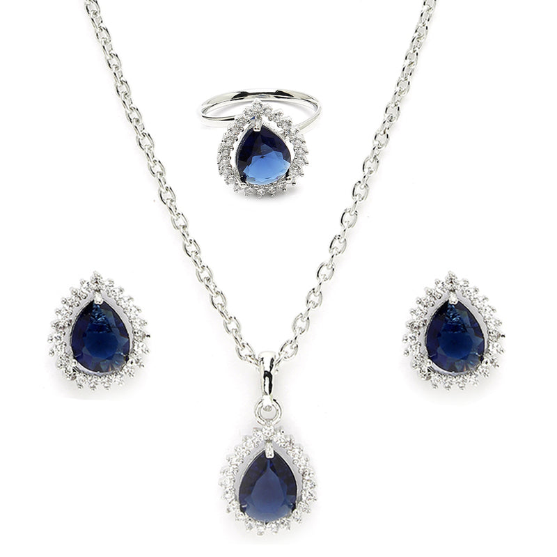 Rhodium Plated Silver Toned Tear Dropped Shaped Royal Blue American Diamond Studded Pendant Combo With Ring