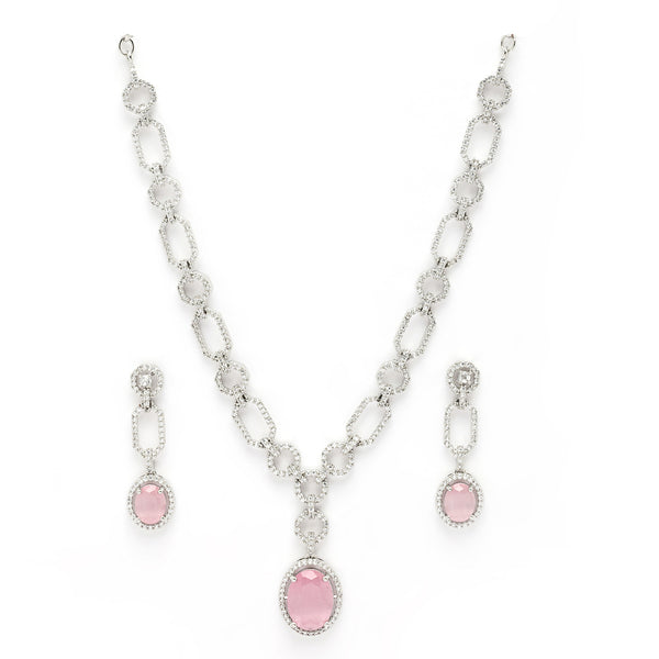 Rhodium Plated with Pink American Diamond Studded Jewellery Set