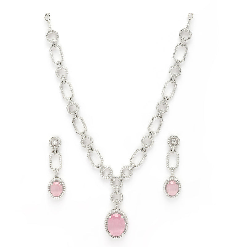 Rhodium Plated with Pink American Diamond Studded Jewellery Set