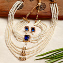 Gold-Plated Navy Blue Stone-Studded & Pearl Beaded Layered Jewellery Set Combo
