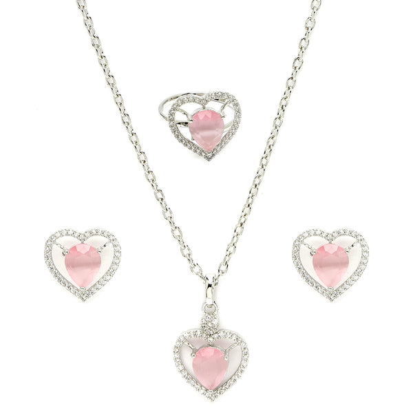 Rhodium Plated Silver Toned Heart Shaped Pink American Diamond Studded Pendant Combo With Ring