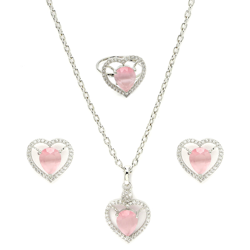 Rhodium Plated Silver Toned Heart Shaped Pink American Diamond Studded Pendant Combo With Ring