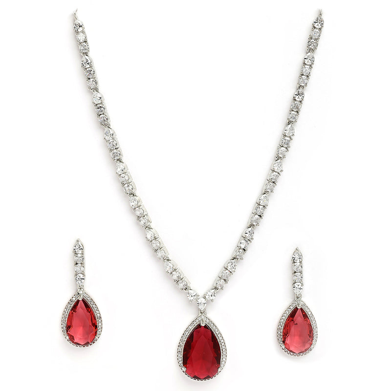 Rhodium Plated with Teardrop Shaped Red American Diamond Studded Necklace Set