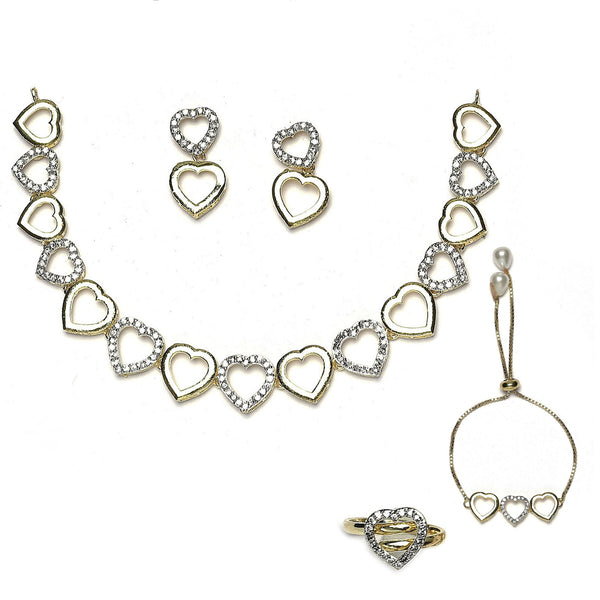 Gold-Plated Dual Toned White American Diamond Studded Heart Shaped Jewellery Set