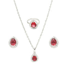 Rhodium Plated Silver Toned Tear Dropped Shaped Ruby Red American Diamond Studded Pendant Combo With Ring