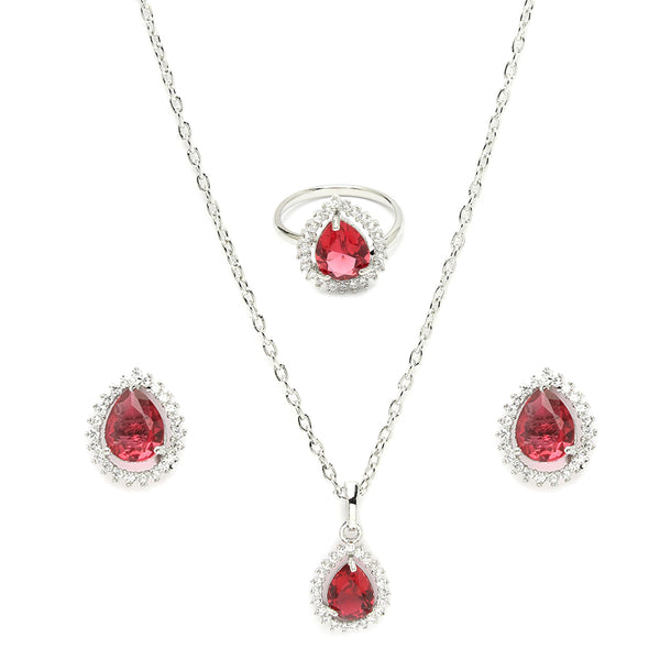 Rhodium Plated Silver Toned Tear Dropped Shaped Ruby Red American Diamond Studded Pendant Combo With Ring