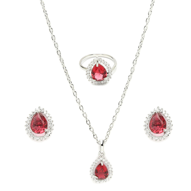 Rhodium Plated Silver Toned Tear Dropped Shaped Ruby Red American Diamond Studded Pendant Combo With Ring