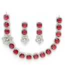Rhodium Plated Silver Toned Red Cussion Cut AD Studded  Necklace With Matching Drop Earrings