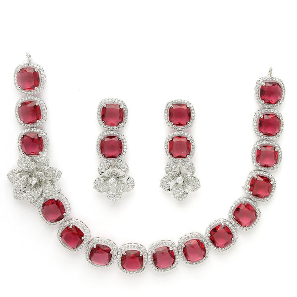 Rhodium Plated Silver Toned Red Cussion Cut AD Studded  Necklace With Matching Drop Earrings