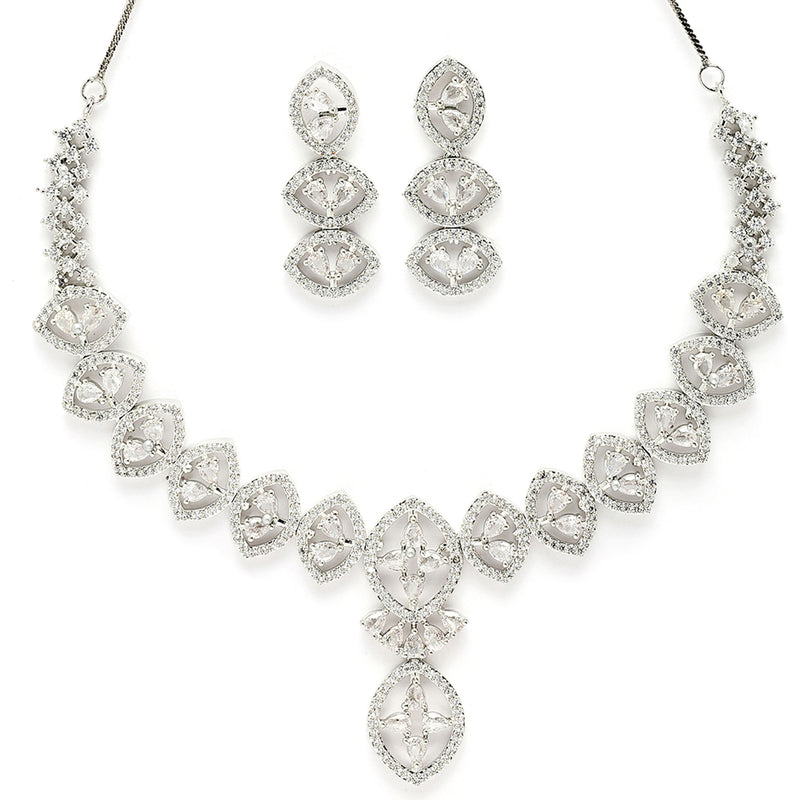 Rhodium Plated Silver Toned White American Diamond Stone Studded Jewellery Set