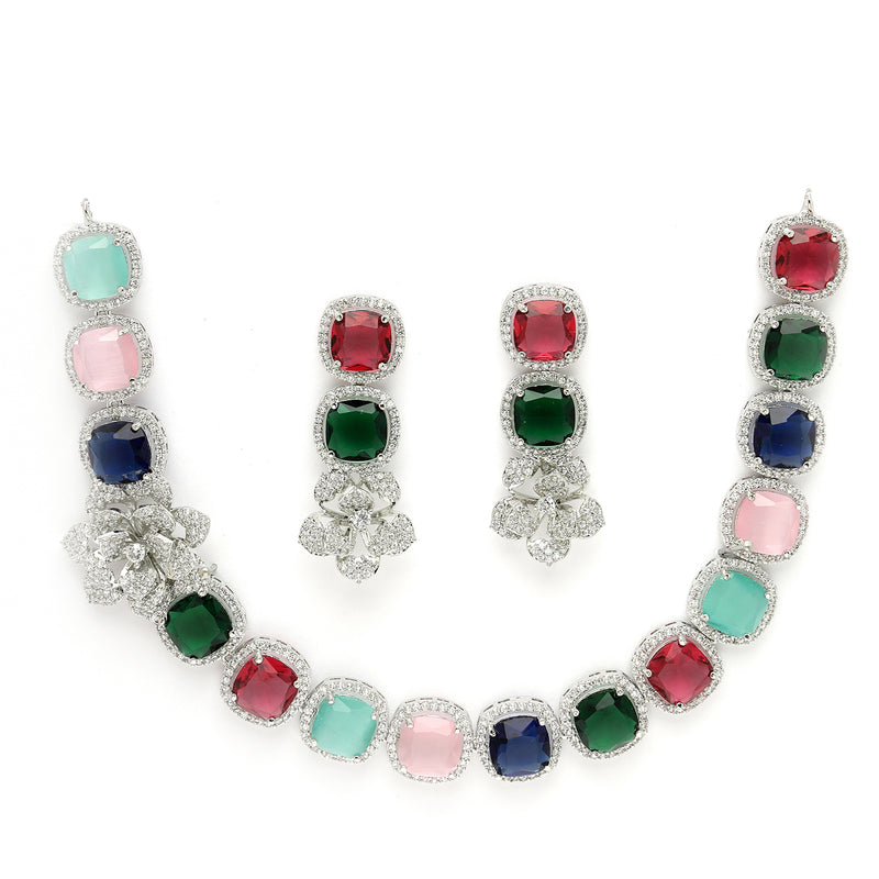Rhodium Plated Silver Toned Multicoloured Cussion Cut AD Studded  Necklace With Matching Drop Earrings