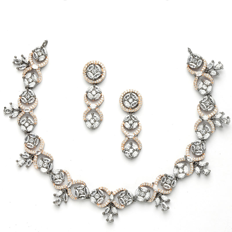 Rose Gold-Plated Circular and Leaf Design Rose Black American Diamond Studded Jewellery Set