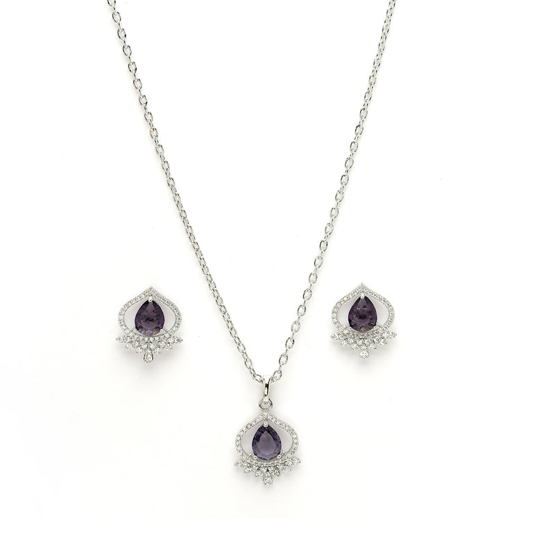 Rhodium Plated Silver Toned Violet Tear dropped  Shaped American Diamond Studded Pendant Combo With Ring