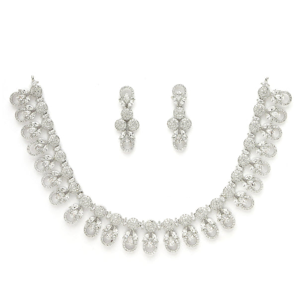 Rhodium Plated Silver Toned Round White American Diamond  Studded Necklace Set With Earrings