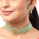 Multistrand Gold-Plated Lime Green & White American Diamond Stone Studded & Beaded Jewellery Set